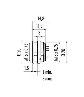 Scale drawing M16 Female panel mount connector, Contacts: 4 (04-a), unshielded, crimping (Crimp contacts must be ordered separately), IP40, M18x0,75, Front mounting