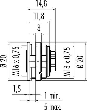 Schaaltekening M16 Female panel mount connector, aantal polen: 6 (06-a), onafgeschermd, krimpen (krimpcontacten dienen afzonderlijk te worden besteld), IP40, M18x0,75, Frontaansluiting