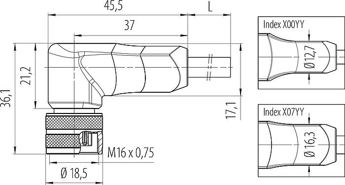 縮尺図 M16 メス アングルコネクタ, 極数: 12, 非シールド, モールドケーブル付き, IP67, PUR, 黒, 12x0.25mm², 2m