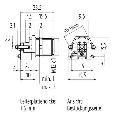Maßzeichnung M12 Flanschstecker, Polzahl: 4, ungeschirmt, THR, IP67, UL 2238, M12x1,0, Rückwandmontage, für die Spannungsversorgung (Power), zweiteilige Ausführung