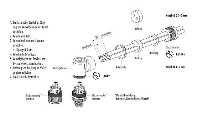 Montageanleitung M12 Winkelstecker, Polzahl: 5, 2.1-3.0 mm (2 Kabel) oder 4-5 mm (2 Kabel), ungeschirmt, schraubklemm, IP67, UL 2238