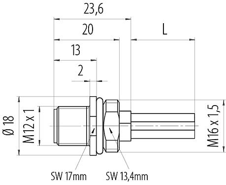 Dibujo a escala M12 Enchufe de brida, Número de contactos: 4, sin blindaje, hilos, IP68, UL 2238, M16x1,5, Montaje frontal