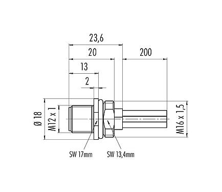Scale drawing 09 0631 300 04 - M12 Male panel mount connector, Contacts: 4, unshielded, single wires, IP68, UL, M16x1.5