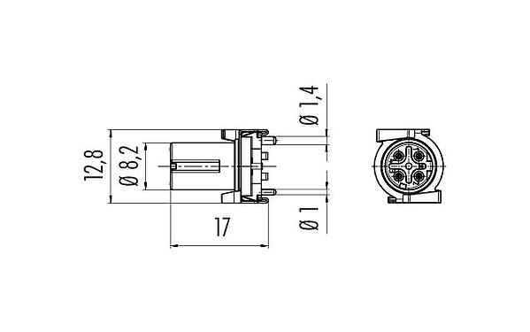 Desenho da escala 09 0732 601 04 - M12 Soquete de flange, Contatos: 4, blindável, SMT, IP67, para SMT