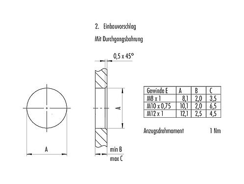 Instructions de montage / Découpe du panneau M8 Embase mâle, Contacts: 4, non blindé, THT, IP67, UL 2238, M8x1,0, Montage mural arrière, coulé
