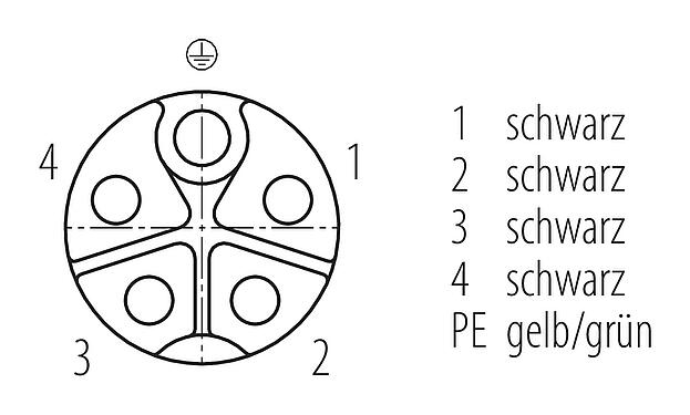 Polbild (Steckseite) M12 Flanschdose, Polzahl: 5, ungeschirmt, Litzen, IP68, UL 2238, M16x1,5, Frontmontage, vergossen