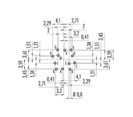Leiterplattenlayout 09 0132 90 12 - M16 Flanschdose, Polzahl: 12 (12-a), ungeschirmt, THT, IP67, UL, von vorne verschraubbar