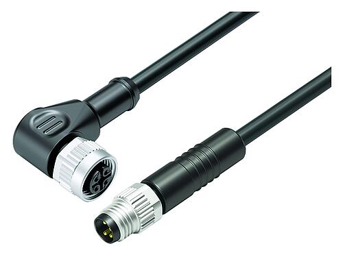 Illustration M12/M8 Connecteur mâle - connecteur d‘angle femelle, Contacts: 4, non blindé, surmoulé sur le câble, IP67/IP69K, UL 2238, PUR, noir, 4 x 0,34 mm², 1 m