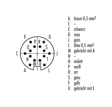 Polbild (Steckseite) 79 6051 20 14 - M16 Kabelstecker, Polzahl: 14 (14-b), ungeschirmt, am Kabel angespritzt, IP67, PUR, schwarz, 8 x 0,25 mm² / 2 x 0,50 mm², 2 m