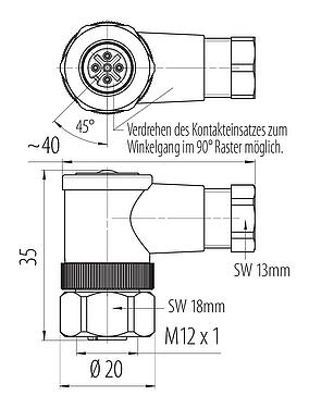 Maßzeichnung M12 Winkeldose, Polzahl: 4, 4,0-6,0 mm, ungeschirmt, schraubklemm, IP67, UL 2238