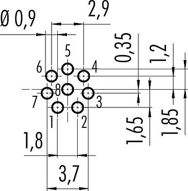 Conductor layout M8 Male panel mount connector, Contacts: 8, unshielded, THT, IP67, UL 2238, M8x1.0, Rear mounting, potted