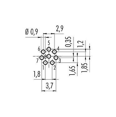 Conductor layout M8 Male panel mount connector, Contacts: 8, unshielded, THT, IP67, UL 2238, M8x1.0, Rear mounting
