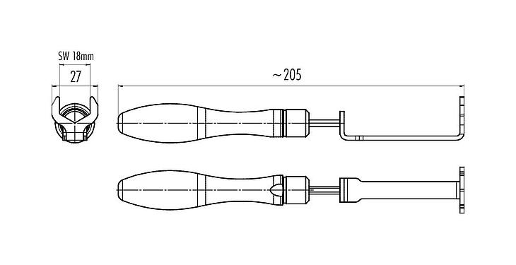 Desenho da escala 07 0079 000 - M12-A/B/D/K/K/L/S/T/US/X - Chave de montagem com limitação de torque 0,6 Nm, SW 18 mm; Série 713/715/763/766/813/813/814/815/825/866/876