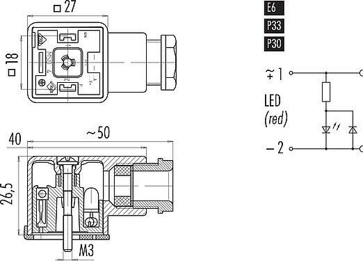 縮尺図 メス電源コネクタ, 極数: 2+PE, 8.0-10.0mm, 非シールド, ねじ圧着, シールなしのIP40, PG 11, サーキット P33, LED PNP付き