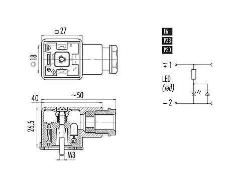 Dibujo a escala Conector hembra de potencia, Número de contactos: 2+PE, 6,0-8,0 mm, sin blindaje, tornillo extraíble, IP40 sin junta, PG 9, Circuito P30, con LED PNP