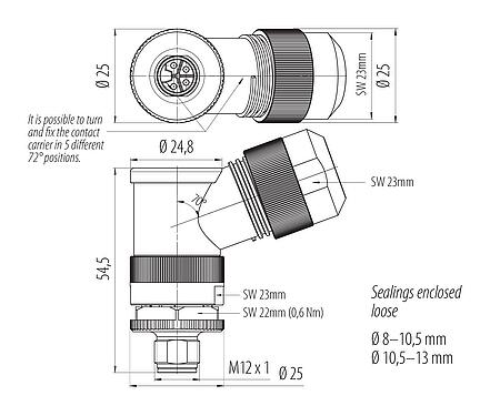 縮尺図 M12 オスアングルコネクタ, 極数: 4, 8.0-13.0mm, 非シールド, ねじ圧着, IP67, UL 2238, M12x1.0, 電源用(電源)