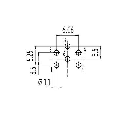 Leiterplattenlayout 09 0124 90 06 - M16 Flanschdose, Polzahl: 6 (06-a), ungeschirmt, THT, IP67, UL, von vorne verschraubbar