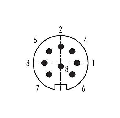 Contact arrangement (Plug-in side) 99 5171 740 08 - M16 Male cable connector, Contacts: 8 (08-a), 4.1-7.8 mm, unshielded, crimping (Crimp contacts must be ordered separately), IP68, UL, AISG compliant, Short version