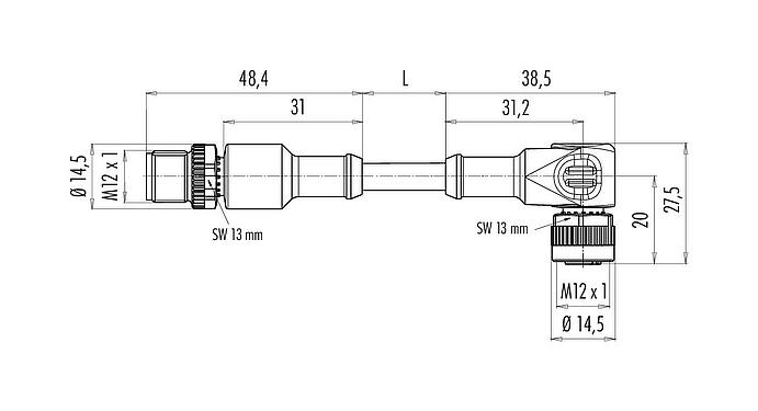 Schaaltekening M12 Verbindingskabel kabelstekker - female haakse connector, aantal polen: 8, onafgeschermd, aan de kabel aangegoten, IP68/IP69K, UL 2238, PUR, zwart, 8 x 0,25 mm², 1 m