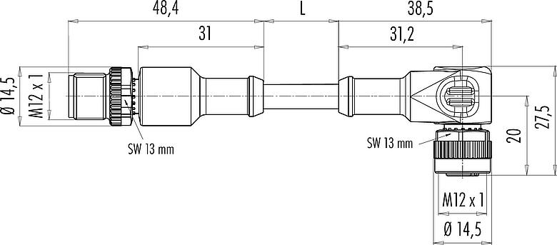 Scale drawing M12 Connecting cable male cable connector - female angled connector, Contacts: 8, unshielded, moulded on the cable, IP68/IP69K, UL 2238, PUR, black, 8 x 0.25 mm², 2 m