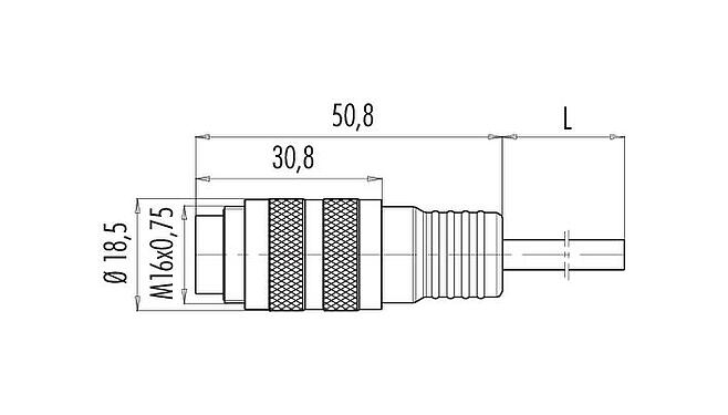 Dessin coté M16 Connecteur mâle, Contacts: 5 (05-a), non blindé, surmoulé sur le câble, IP67, PUR, noir, 5 x 0,25 mm², 2 m