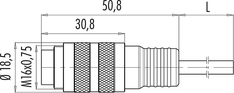 Mittakaavapiirustus M16 Kaapelipistoke, Napojen määrä: 12 (12-a), suojaamaton, suihkutettu kaapelille, IP67, PUR, musta, 12 x 0,25 mm², 2 m