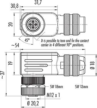 Scale drawing M12 Female angled connector, Contacts: 4, 4.0-6.0 mm, shieldable, screw clamp, IP67, UL 2238, with shielding ring