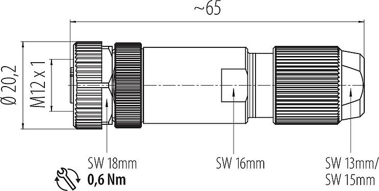 Scale drawing M12 Female cable connector, Contacts: 4, 5.0-8.0 mm, shieldable, screw clamp, IP67, UL 2238, iris spring