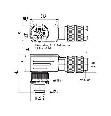Maßzeichnung M12 Winkelstecker, Polzahl: 8, 5,0-8,0 mm, schirmbar, schraubklemm, IP67, UL 2238, Irisfeder