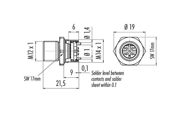 Disegno in scala M12 Connettore maschio a flangia, Numero poli: 5, schermabile, SMT, IP67, M14x1,0, Montaggio su panello posteriore