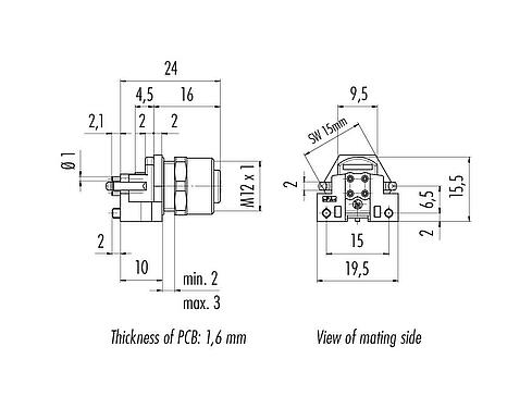 比例圖 M12 孔頭法蘭座, : 5, 可接遮罩, THR, IP68, UL 2238, M12x1.0, 後壁安裝