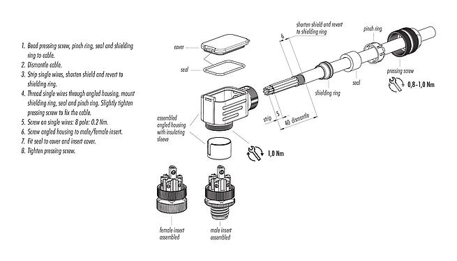 Instructions de montage M12 Connecteur femelle coudé, Contacts: 8, 6,0-8,0 mm, blindable, pince à visser, IP67, UL 2238, avec anneau de protection