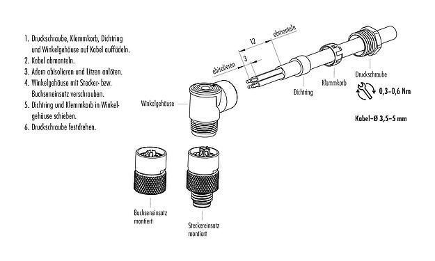 Montageanleitung M8 Winkeldose, Polzahl: 4, 3,5-5,0 mm, ungeschirmt, löten, IP67, UL 2238