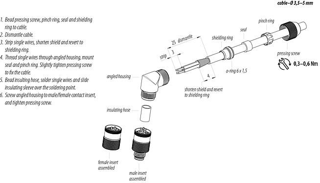 Assembly instructions M8 Male angled connector, Contacts: 4, 3.5-5.0 mm, shieldable, solder, IP67, UL 2238