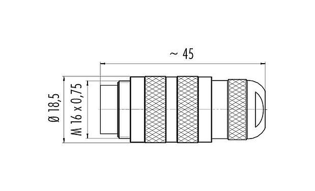 Scale drawing M16 Male cable connector, Contacts: 2 (02-a), 4.1-7.8 mm, unshielded, solder, IP67, UL 2238, Short version