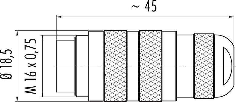 Desenho da escala M16 Plugue de cabo, Contatos: 12 (12-a), 4,1-7,8 mm, desprotegido, solda, IP67, UL 2238, Versão curta