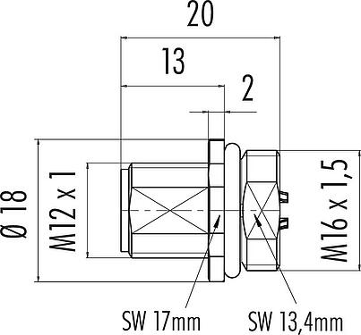Scale drawing M12 Male panel mount connector, Contacts: 5, unshielded, solder, IP68, UL 2238, M16x1.5, Front mounting