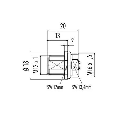 Dessin coté M12 Embase mâle, Contacts: 4, non blindé, souder, IP68, UL 2238, M16x1,5, Montage frontal