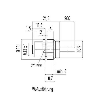 Maßzeichnung 76 2732 0111 00008-0200 - M12 Flanschdose, Polzahl: 8, ungeschirmt, Litzen, IP68/IP69K, UL 2238, PG 9, Edelstahl, positionierbar