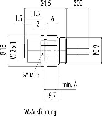 Maßzeichnung M12 Flanschdose, Polzahl: 4, ungeschirmt, Litzen, IP68/IP69K, UL 2238, PG 9, Frontmontage, Edelstahl, positionierbar, vergossen