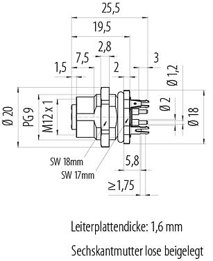 Maßzeichnung M12 Flanschdose, Polzahl: 4, geschirmt, THT, IP68, UL 2238, PG 9, Rückwandmontage, vergossen