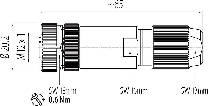 Scale drawing M12 Female cable connector, Contacts: 4, 5.0-8.0 mm, shieldable, crimping (Crimp contacts must be ordered separately), IP67, UL 2238