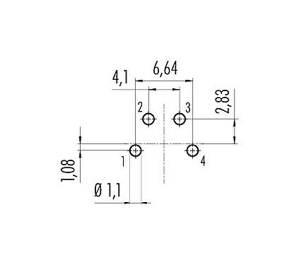 Leiterplattenlayout 09 0112 99 04 - M16 Flanschdose, Polzahl: 4 (04-a), ungeschirmt, THT, IP67, UL, von vorne verschraubbar