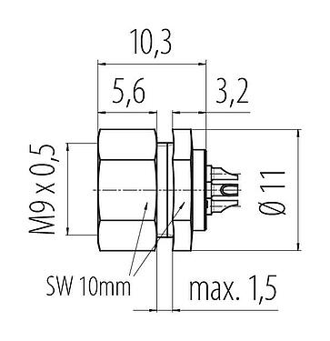 Méretarányos rajz M9 panelre szerelhető foglalat, : 3, árnyékolatlan, kézi forrasztású, IP40, M9x0,5, elülső rögzítés