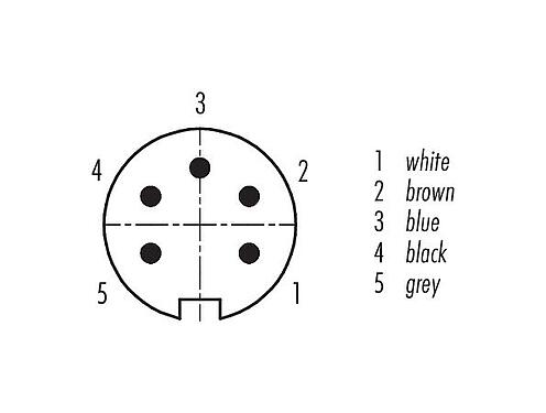Disposición de los contactos (lado de la conexión) 79 6313 200 05 - M16 Conector macho en ángulo, Número de contactos: 5 (05-a), blindado, moldeado en el cable, IP67, PUR, negro, 5 x 0,25 mm², 2 m