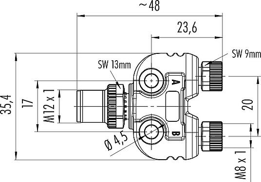 Dessin coté M12/M8 Répartiteur double, Y-distributeur, mâle - 2 femelle, Contacts: 4/3, non blindé, enfichable, IP68, UL 2238