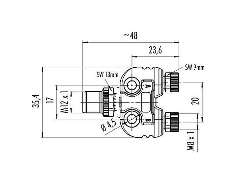 Schaaltekening M12/M8 Tweevoudige verdeler, Y-verdeler, stekker - 2 female, aantal polen: 4/3, onafgeschermd, stekerbaar, IP68, UL 2238