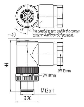 Dibujo a escala 99 0429 162 04 - M12 Conector macho en ángulo, Número de contactos: 4, 2 x Cable Ø 2 mm, 1,0-3,0 mm  o 4,0-5,0 mm, sin blindaje, tornillo extraíble, IP67, UL
