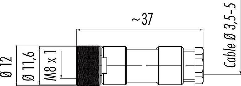 Scale drawing M8 Female cable connector, Contacts: 4, 3.5-5.0 mm, unshielded, solder, IP67, UL 2238