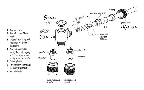 装配说明 M9 弯角针头电缆连接器, 极数: 8, 3.5-5.0mm, 可接屏蔽, 焊接, IP67